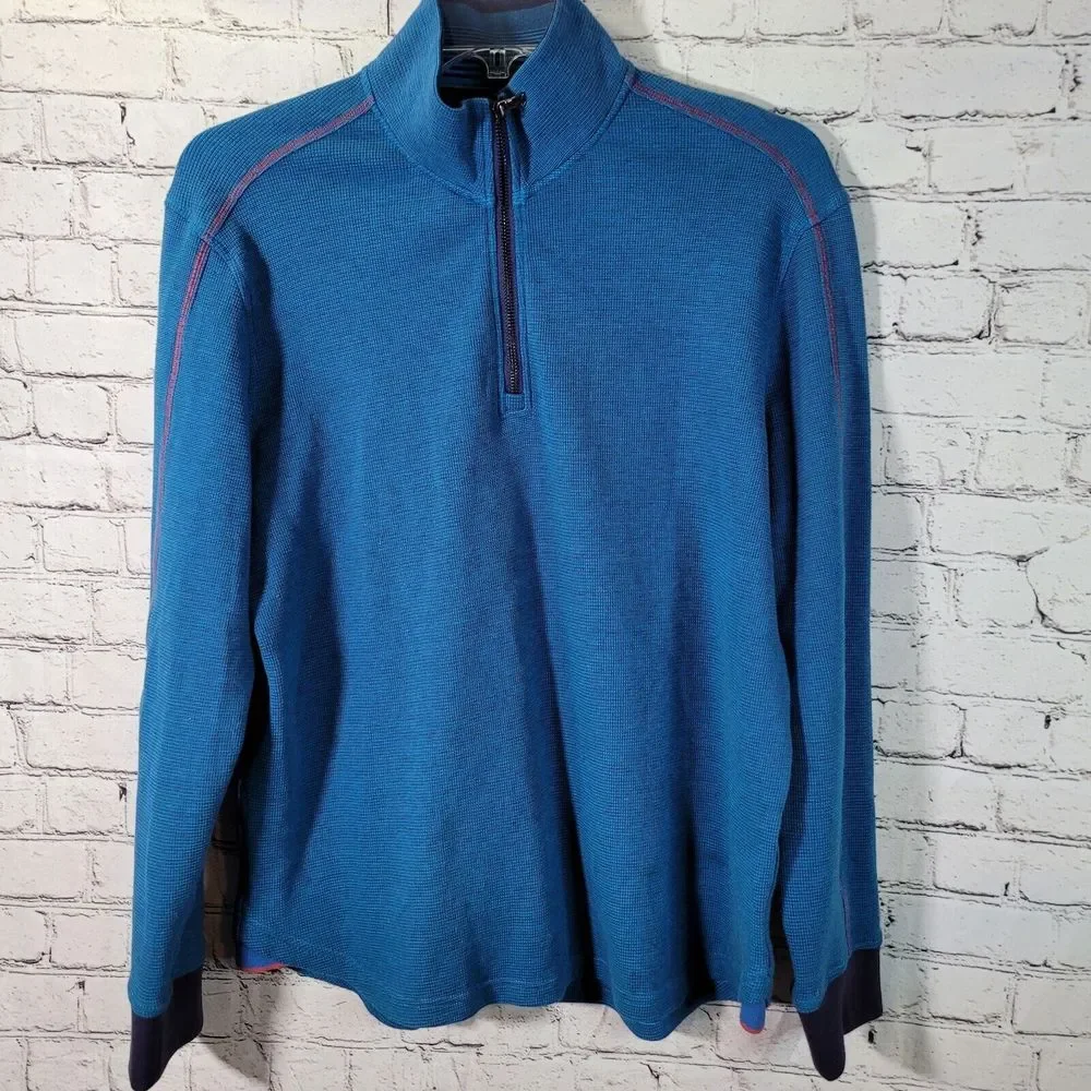 Robert Graham Mens Blue Pullover 1/4 Zip Mock Neck Classic Fit‎ Sweater Size L